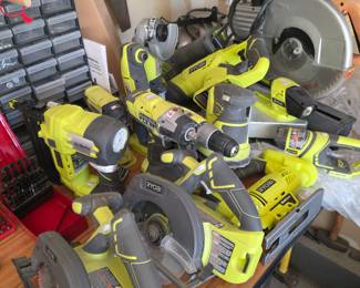 Collection of modern Ryobi 18V ONE+ cordless power tools