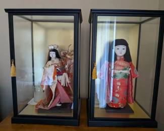 Pair of Fine Japanese Ningyo Dolls in Lacquered Glass Display Cases