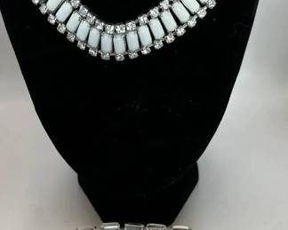 Vintage Milk Glass and Rhinestone Necklace, Bracelet and Screw Back Earrings Set