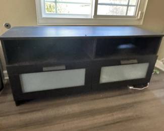 Set of 2 Sleek Black Media Console with Frosted Glass Cabinet Doors