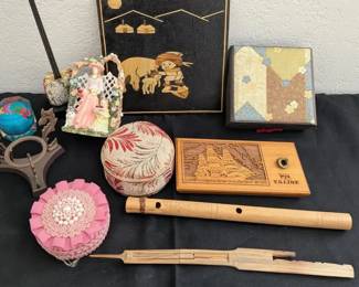 Eclectic Collectibles Lot Tapestry Box, Globe Paperweight, Flutes, Ship Plaque
