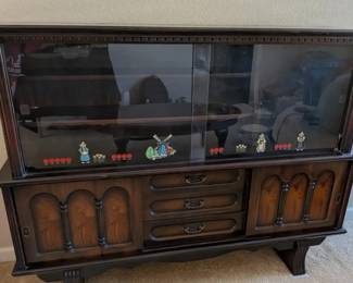 Vintage RosewoodGrain China Cabinet with Sliding Glass Doors  Brass Pulls