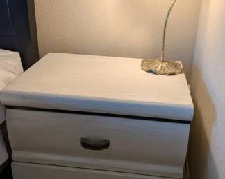 Whitewashed 2Drawer Nightstand with Elegant Brass Lily Pad Gooseneck Lamp