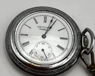 Vintage American Waltham Watch Co. Pocket Watch with Chain, Roman Numeral Dial