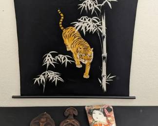 Decor Lot with Embroidered Tiger Wall Scroll Masks and Hagoita Paddle