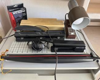 Vintage Office Supply Lot Trimmer, Stapler, Hole Punches  Desk Lamp