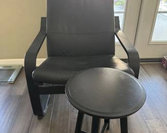 Sleek Bentwood Black Leather Lounge Chair with Ottoman  Side Table