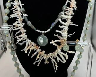 Vintage Jewelry Lot Branch Coral Necklace Gemstone Bead Set Pearl Bali Earrings