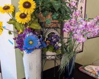 Decorative WroughtIron Plant Stand with Faux Floral Arrangements  Vases