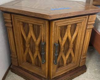 Vintage Spanish Mediterranean Carved Wood Hexagonal Table  Cabinet Set