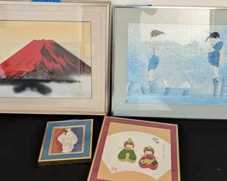 Framed Art Lot with Signed Red Fuji Print and Hina Dolls Watercolor