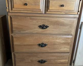 Vintage Maple Bedroom Wardrobe Cabinet with Carved Door Panels and Drawers