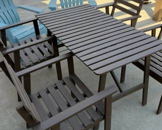 Rustic Wood Patio Dining Set Slatted Table Armchairs with Adirondack Chairs
