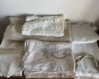 Vintage HandCrocheted Lace Doilies and Embroidered Linen Tablecloth Lot
