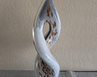 HandBlown Art Glass Twist Flame Sculpture in White and Copper