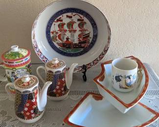 Vintage Japanese Imari Style Porcelain Charger Teapots and Dishes Lot