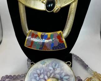Vintage Laurel Burch Woman Spirit Necklace, Monet Omega Collar, Porcelain Lot