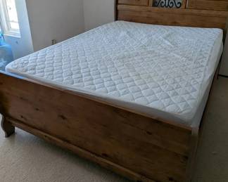 Rustic Pine Sleigh Bed Frame with Wrought Iron Scroll Accent, Queen