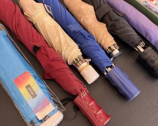 Colorful Folding Umbrellas Lot with Garden Hand Tool Set in Tray