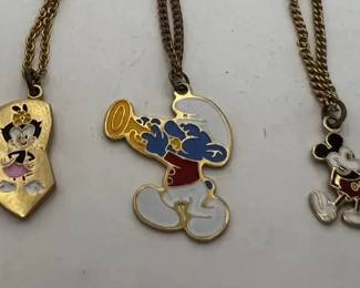 Vintage Mickey Mouse, Smurf and Best Friends Heart Enamel Charm Necklaces Lot