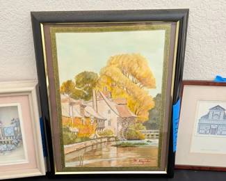 Framed Art Lot with Signed M Kazuko Watermill Painting and Florence Print