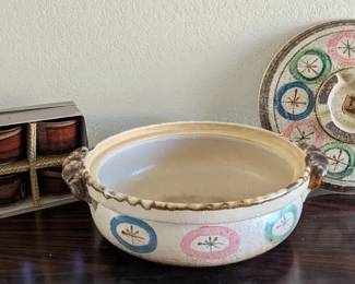Vintage Japanese Stoneware Donabe Hot Pot with Boxed Sake Cup Set