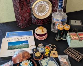 Vintage Mongolia Japan Travel Souvenir Lot Vodka Bottle Boots Clock Abacus