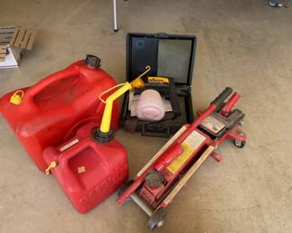 Assorted Lot Torin Big Red 3Ton SUV Floor Jack, Wagner Power Painter, Gas Cans