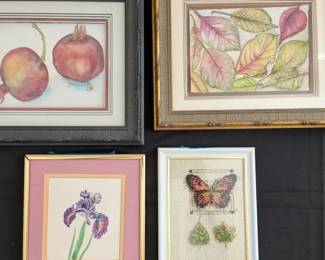 Framed Art Lot with Signed Yuri Matsuoka Watercolors and CrossStitch Butterfly