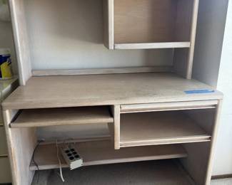 Vintage Whitewashed Wood Desk with Hutch Topper and Keyboard Tray