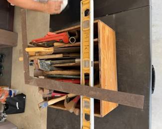 Vintage Tool Lot in Crate Hammers, Great Neck Pipe Wrench, Level, Square, Saws