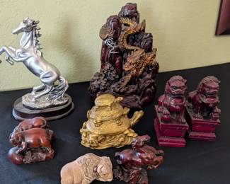 Chinese Zodiac Resin Figurines Pewter Horse and Carved Wood Animals Lot