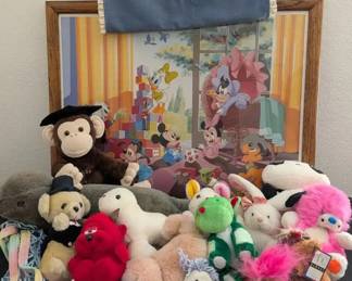 Plush Animal Lot with Vintage Framed Disney Babies Poster and Swan Wall Hanging