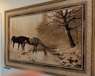 Elegant Woven Tapestry Wall Hanging of Horses at a Winter Stream, 58 x 40 In  Made in Mongolia