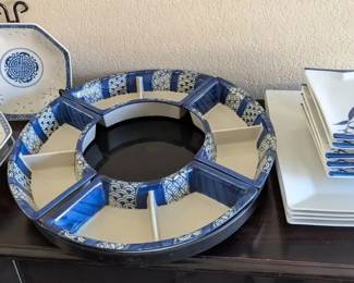 Elegant Japanese Blue  White Porcelain Dinnerware Set with Lazy Susan Tray