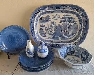 Large Japanese Blue Willow Platter Sake Bottle and Blue White China Lot