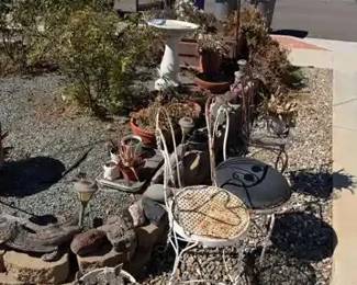 Garden Lot Concrete Bird Bath, Wire Bistro Chairs, Terracotta Bowls, Glass Art