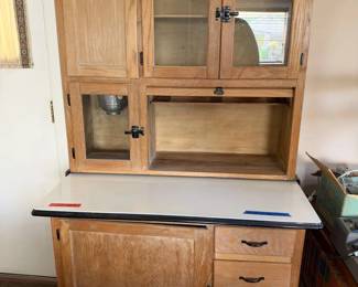 Classic Oak Hoosier Kitchen Cabinet Enamel Work Surface Flour Sifter Bin 67in