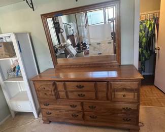 Handsome Early American Wood Triple Dresser with Mirror Brass Pulls 60 Inch