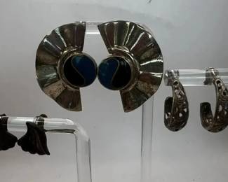 Colorful Sterling Silver Earring Lot Mexico 925 Blue Black Fan Inlay Hoops