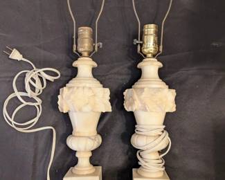 Elegant Pair of Carved Alabaster Urn Table Lamps with Floral Relief, Italy Mark