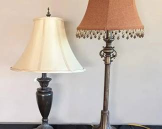 Elegant Pair of Table Lamps Bronze Tone Base Beaded Burlap Shade and Cream Shade