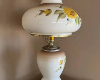 Retro Hurricane Parlor Lamp Hand Painted Floral Milk Glass, Ornate Brass Base
