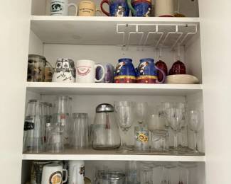 Colorful Mugs, Art Glass Wine Glasses, Beer Steins, Drinkware Cabinet Lot