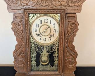 Antique New Haven Clock Co Gingerbread Oak Mantel Clock Carved Case