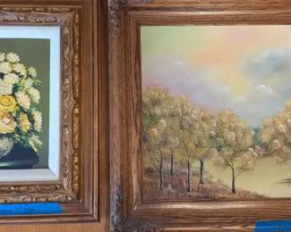 Classic Framed Oil Paintings Floral Still Life and Autumn Lake Landscape Art