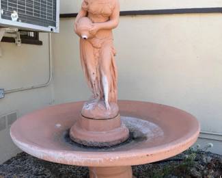 Large Terracotta Tone Garden Fountain with Maiden Statue, Wide Basin, Pedestal