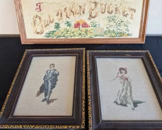 Charming Framed Needlepoint Blue Boy, Pinkie and Old Oaken Bucket Cross Stitch