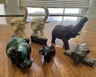 Collectible Elephant Figurine Lot Blue Mountain Pottery, Carved Wood, Resin