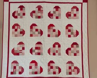 Charming Red White Patchwork Heart Quilt Wall Hanging Quilted Square Throw